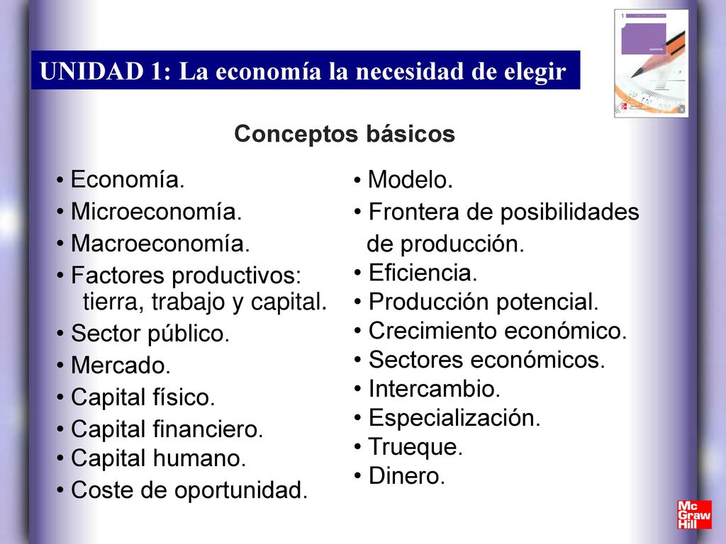 Conceptos básicos • Economía. • Microeconomía. • Macroeconomía. • Factores productivos: tierra, trabajo y capital.