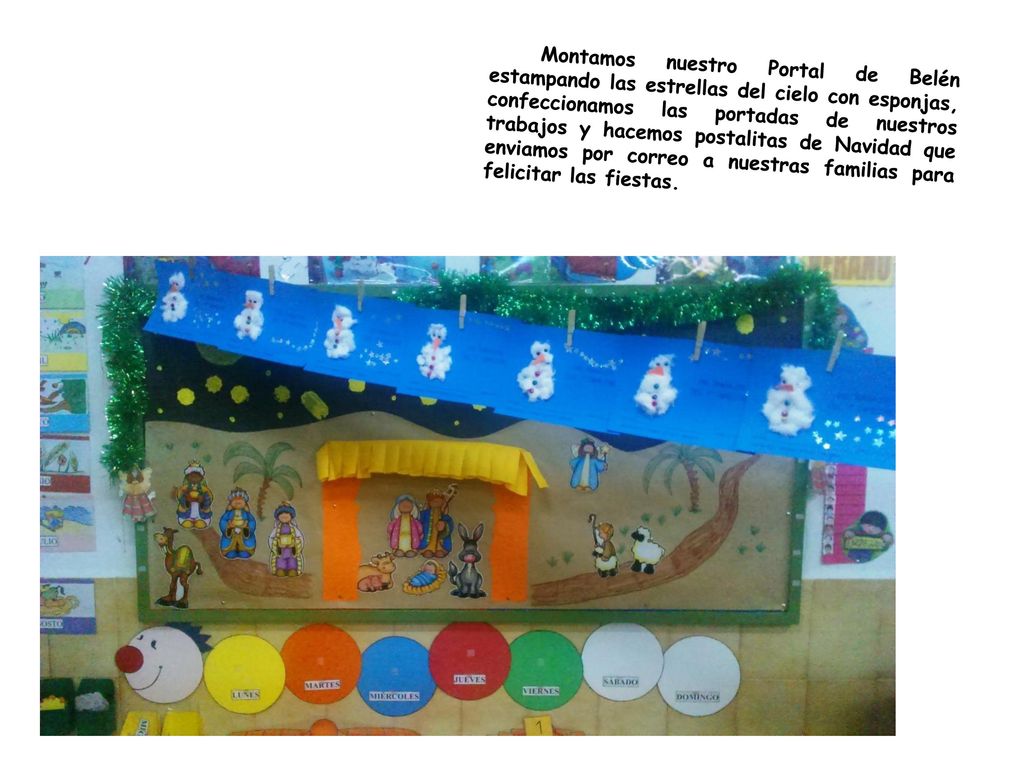 Montamos nuestro Portal de Belén estampando las estrellas del cielo con esponjas, confeccionamos las portadas de nuestros trabajos y hacemos postalitas de Navidad que enviamos por correo a nuestras familias para felicitar las fiestas.