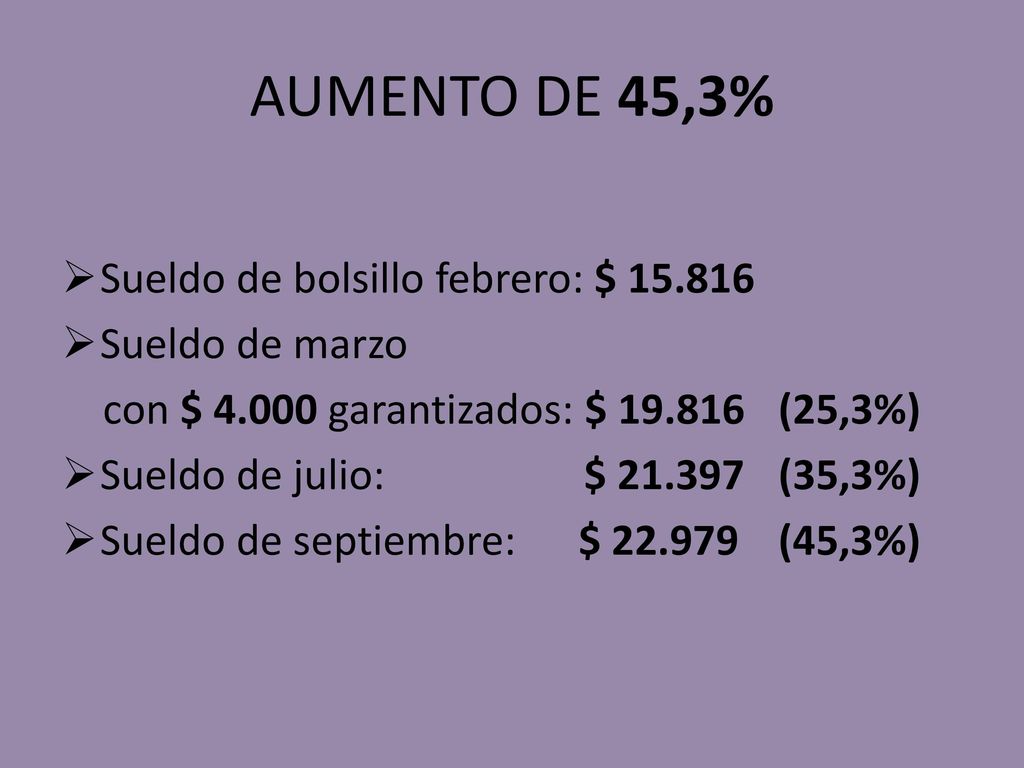 AUMENTO DE 45,3% Sueldo de bolsillo febrero: $ Sueldo de marzo