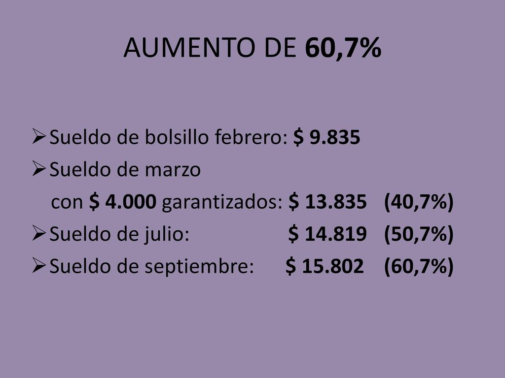 AUMENTO DE 60,7% Sueldo de bolsillo febrero: $ Sueldo de marzo