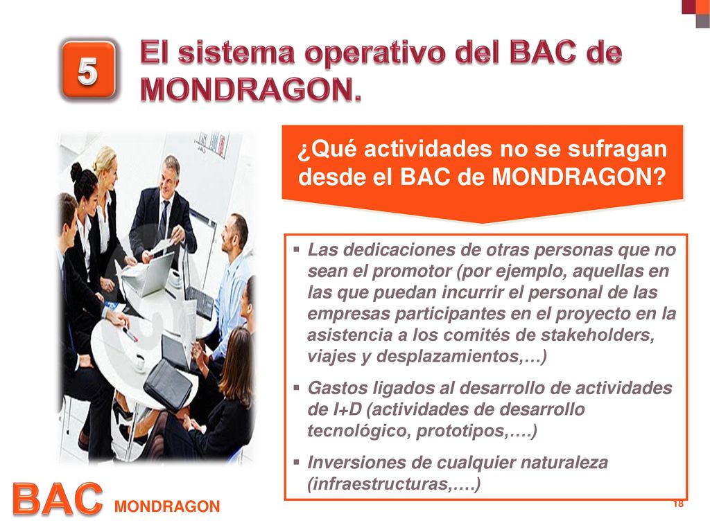 ¿Qué actividades no se sufragan desde el BAC de MONDRAGON