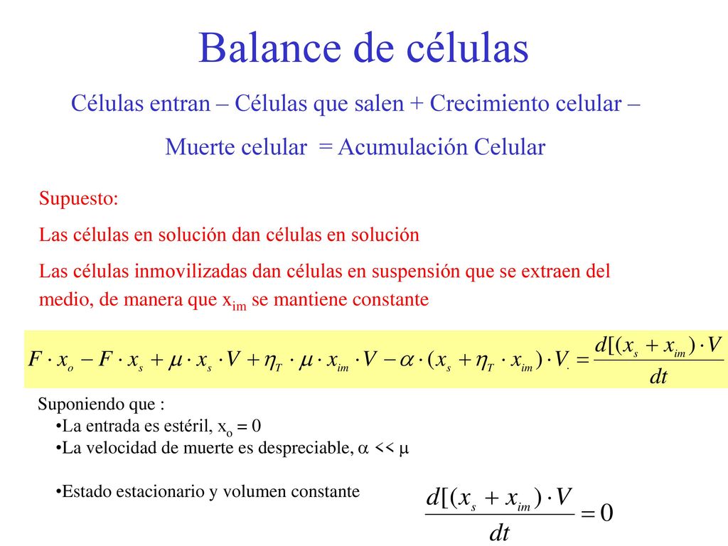 Balance de células Células entran – Células que salen + Crecimiento celular – Muerte celular = Acumulación Celular.
