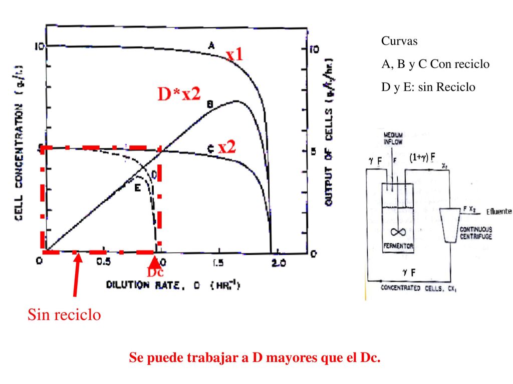 Sin reciclo x D*x Se puede trabajar a D mayores que el Dc. Curvas