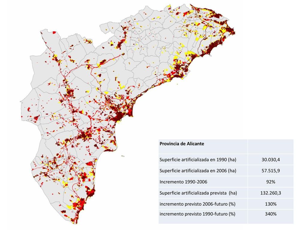 Provincia de Alicante Superficie artificializada en 1990 (ha) ,4. Superficie artificializada en 2006 (ha)