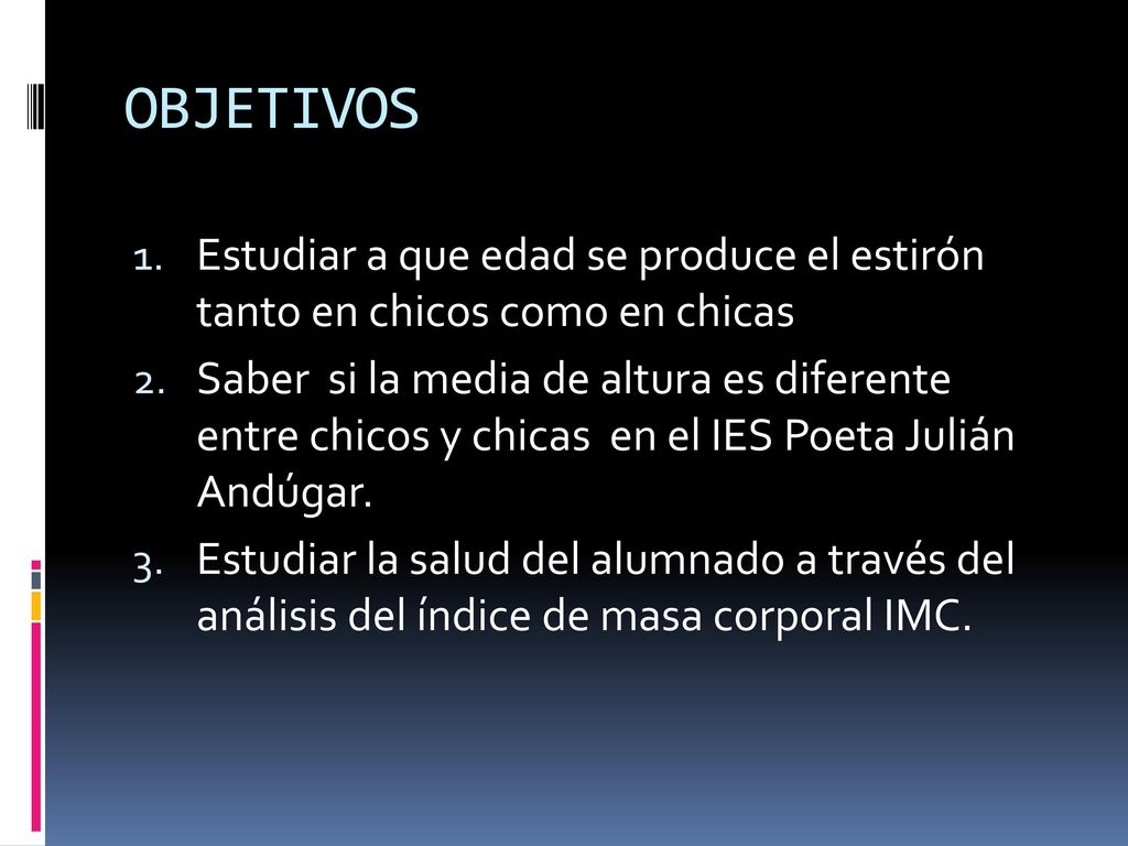 OBJETIVOS Estudiar a que edad se produce el estirón tanto en chicos como en chicas.