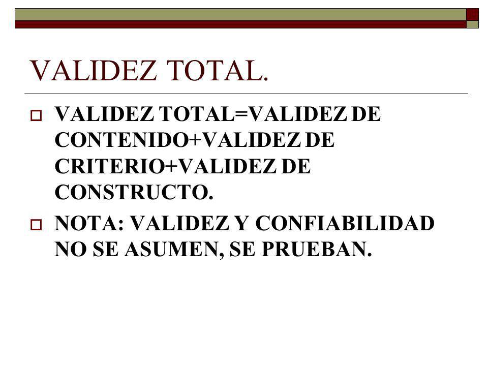 VALIDEZ TOTAL. VALIDEZ TOTAL=VALIDEZ DE CONTENIDO+VALIDEZ DE CRITERIO+VALIDEZ DE CONSTRUCTO.
