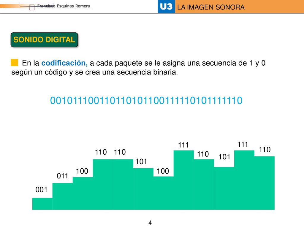 SONIDO DIGITAL En la codificación, a cada paquete se le asigna una secuencia de 1 y 0 según un código y se crea una secuencia binaria.