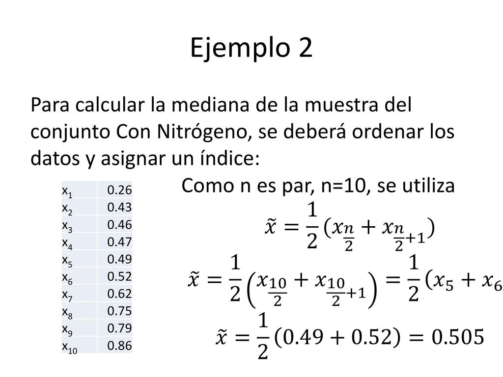 Ejemplo 2 Para calcular la mediana de la muestra del conjunto Con Nitrógeno, se deberá ordenar los datos y asignar un índice: