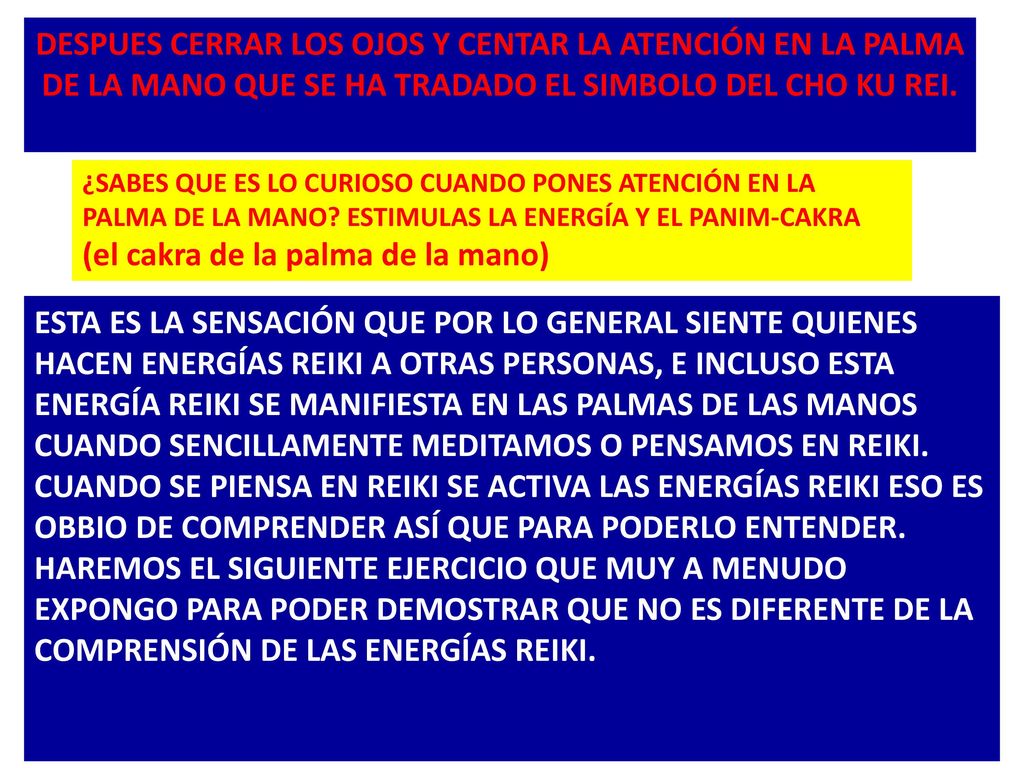 DESPUES CERRAR LOS OJOS Y CENTAR LA ATENCIÓN EN LA PALMA DE LA MANO QUE SE HA TRADADO EL SIMBOLO DEL CHO KU REI.