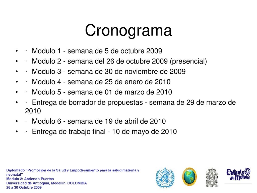 Cronograma · Modulo 1 - semana de 5 de octubre 2009