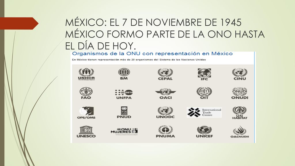 MÉXICO: EL 7 DE NOVIEMBRE DE 1945 MÉXICO FORMO PARTE DE LA ONO HASTA EL DÍA DE HOY.