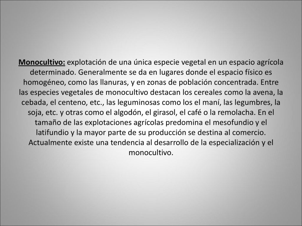 Monocultivo: explotación de una única especie vegetal en un espacio agrícola determinado.
