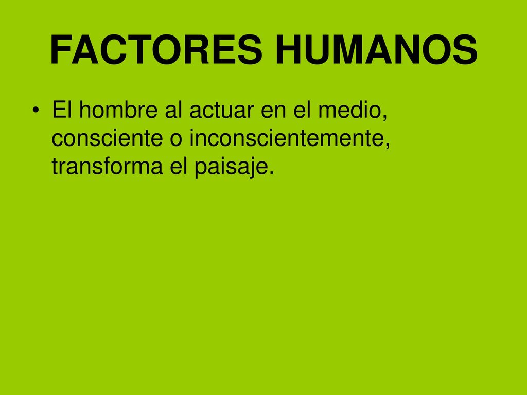 FACTORES HUMANOS El hombre al actuar en el medio, consciente o inconscientemente, transforma el paisaje.
