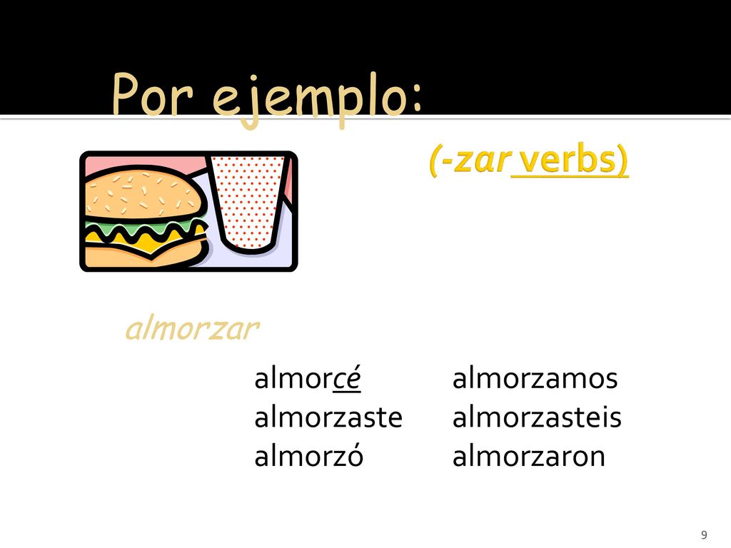 Por ejemplo: (-zar verbs) almorzar almorcé almorzaste almorzó