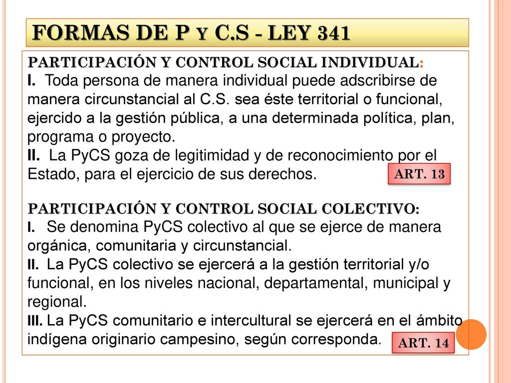 FORMAS DE P y C.S - LEY 341 PARTICIPACIÓN Y CONTROL SOCIAL INDIVIDUAL: