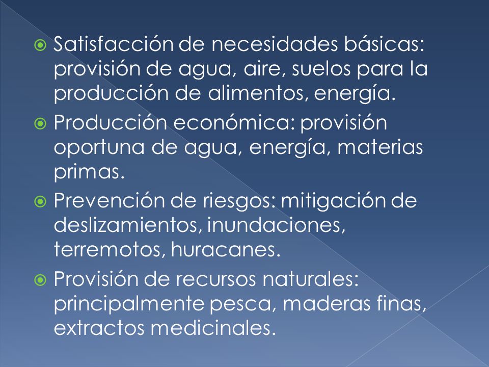 Satisfacción de necesidades básicas: provisión de agua, aire, suelos para la producción de alimentos, energía.