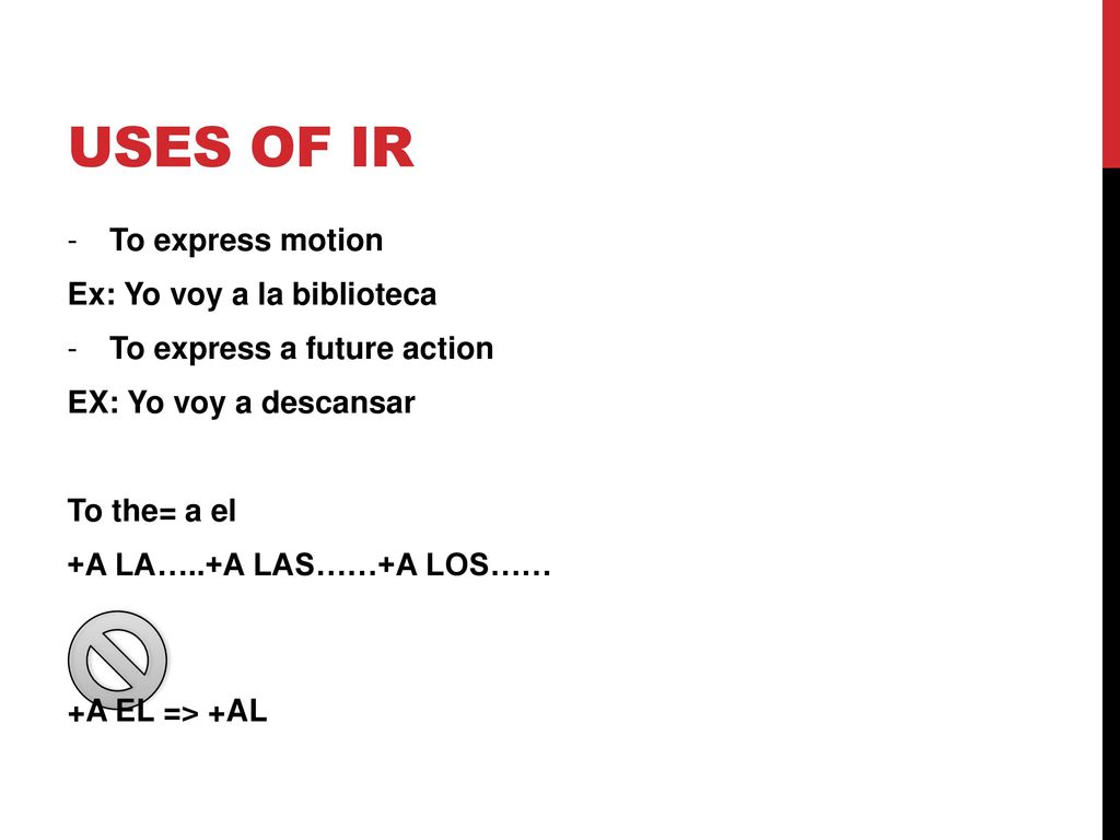 Uses of IR To express motion Ex: Yo voy a la biblioteca