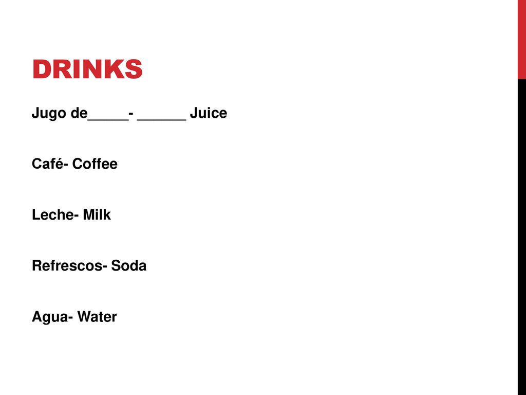 Drinks Jugo de_____- ______ Juice Café- Coffee Leche- Milk Refrescos- Soda Agua- Water
