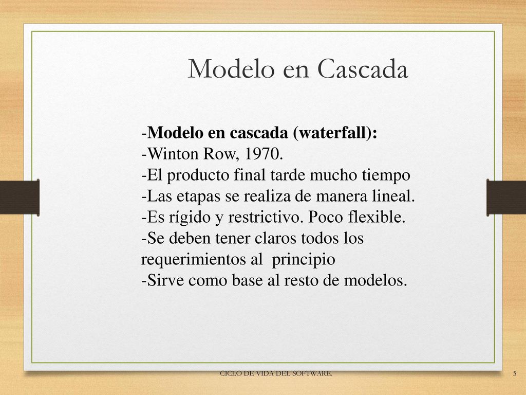 Modelo en Cascada Modelo en cascada (waterfall): Winton Row, 1970.