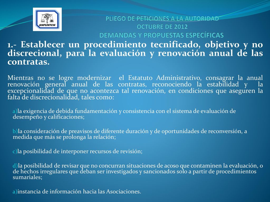 PLIEGO DE PETICIONES A LA AUTORIDAD OCTUBRE DE 2012 DEMANDAS Y PROPUESTAS ESPECÍFICAS