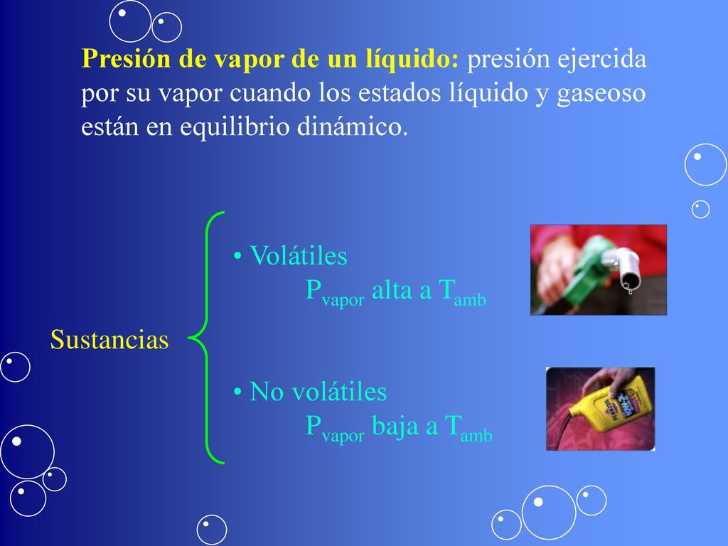 Presión de vapor de un líquido: presión ejercida por su vapor cuando los estados líquido y gaseoso están en equilibrio dinámico.