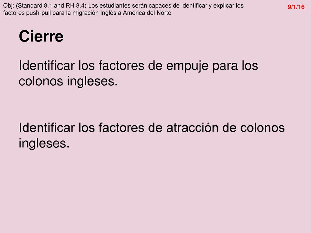 Cierre Identificar los factores de empuje para los colonos ingleses.