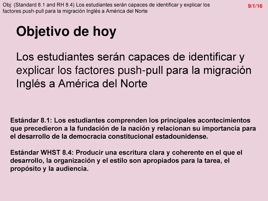 Objetivo de hoy Los estudiantes serán capaces de identificar y explicar los factores push-pull para la migración Inglés a América del Norte.