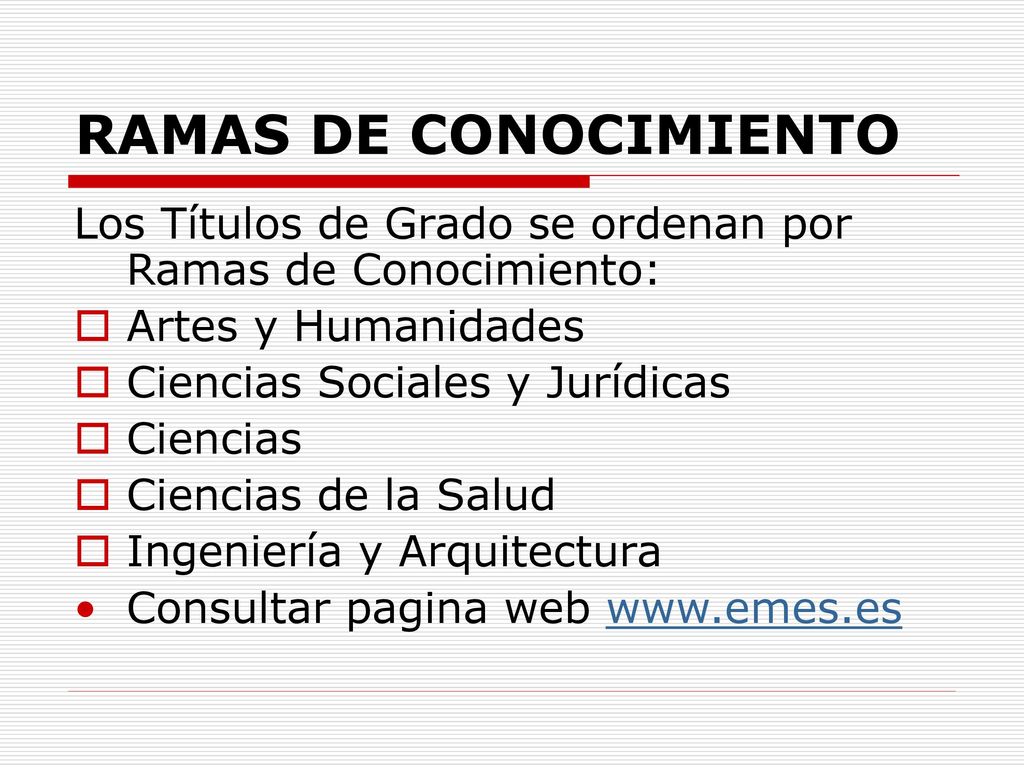 RAMAS DE CONOCIMIENTO Los Títulos de Grado se ordenan por Ramas de Conocimiento: Artes y Humanidades.