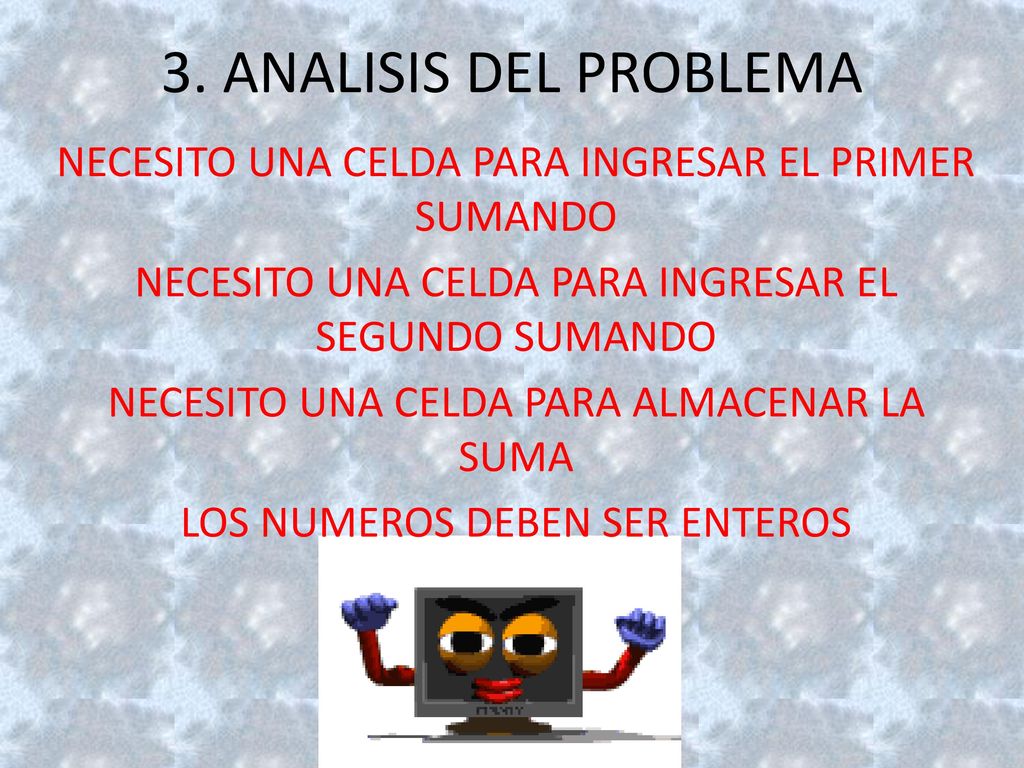 3. ANALISIS DEL PROBLEMA NECESITO UNA CELDA PARA INGRESAR EL PRIMER SUMANDO. NECESITO UNA CELDA PARA INGRESAR EL SEGUNDO SUMANDO.
