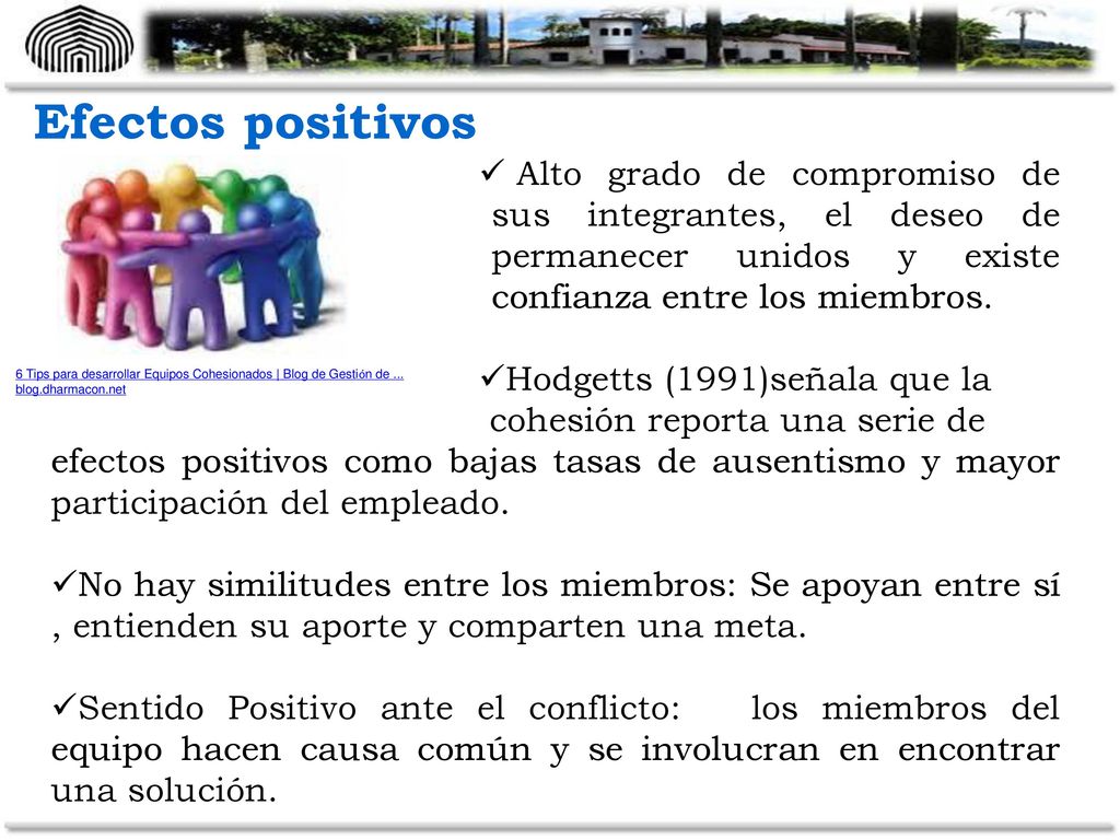 Efectos positivos Alto grado de compromiso de sus integrantes, el deseo de permanecer unidos y existe confianza entre los miembros.