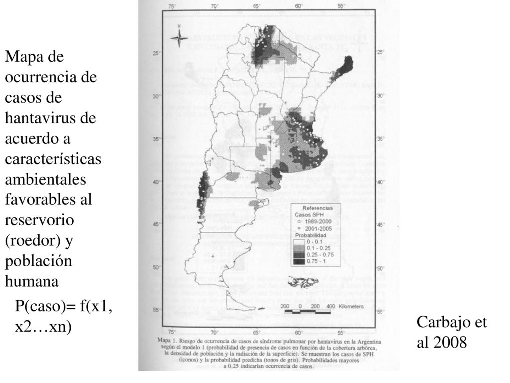 Mapa de ocurrencia de casos de hantavirus de acuerdo a características ambientales favorables al reservorio (roedor) y población humana