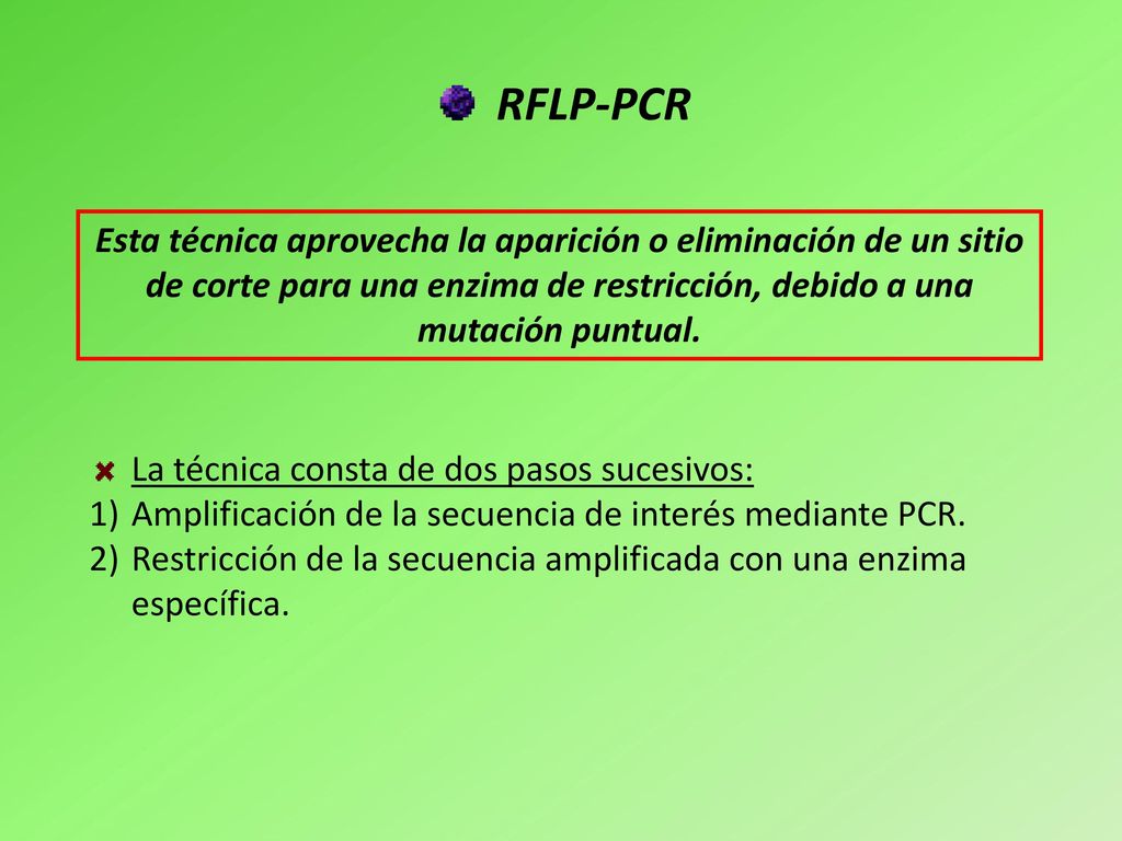RFLP-PCR Esta técnica aprovecha la aparición o eliminación de un sitio de corte para una enzima de restricción, debido a una mutación puntual.