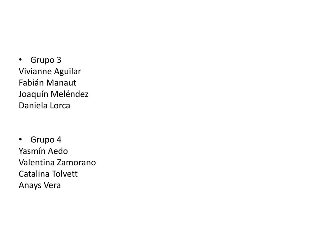 Grupo 3 Vivianne Aguilar. Fabián Manaut. Joaquín Meléndez. Daniela Lorca. Grupo 4. Yasmín Aedo.