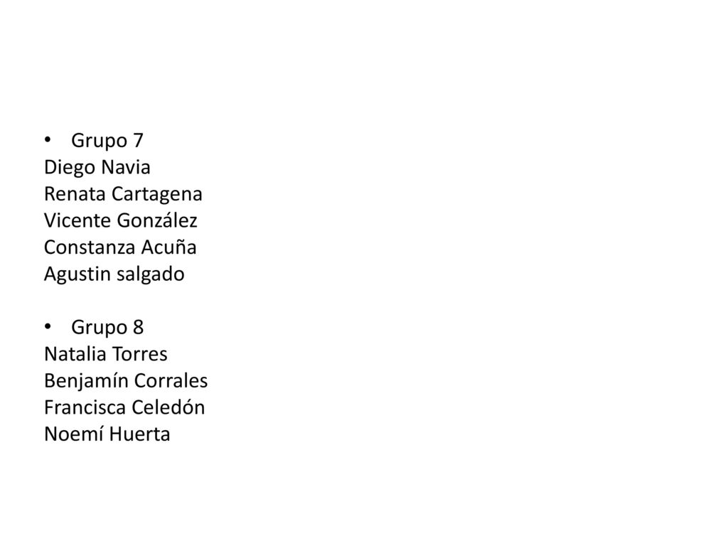 Grupo 7 Diego Navia. Renata Cartagena. Vicente González. Constanza Acuña. Agustin salgado. Grupo 8.