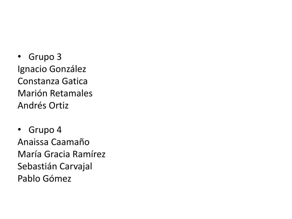 Grupo 3 Ignacio González. Constanza Gatica. Marión Retamales. Andrés Ortiz. Grupo 4. Anaissa Caamaño.