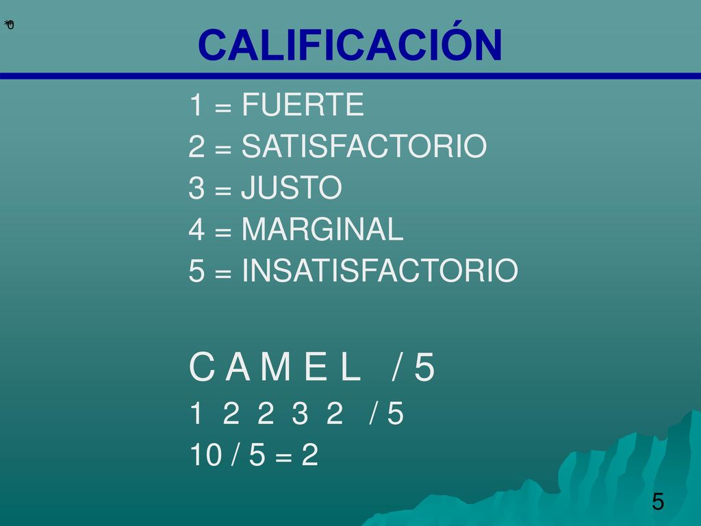 CALIFICACIÓN C A M E L / 5 1 = FUERTE 2 = SATISFACTORIO 3 = JUSTO