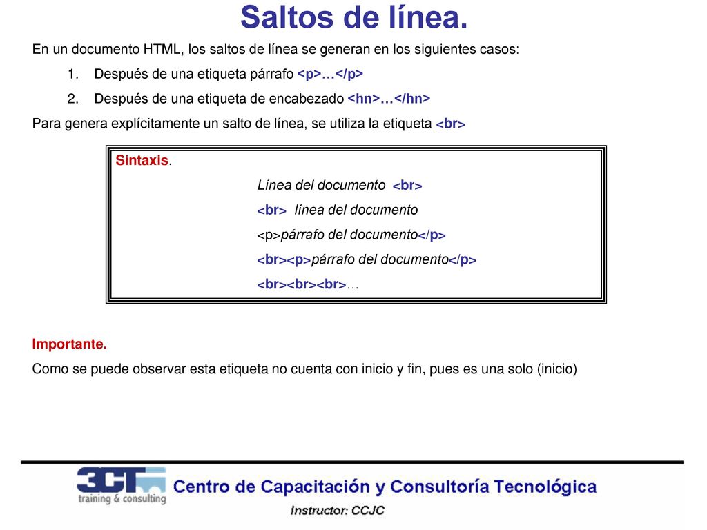 Saltos de línea. En un documento HTML, los saltos de línea se generan en los siguientes casos: Después de una etiqueta párrafo <p>…</p>
