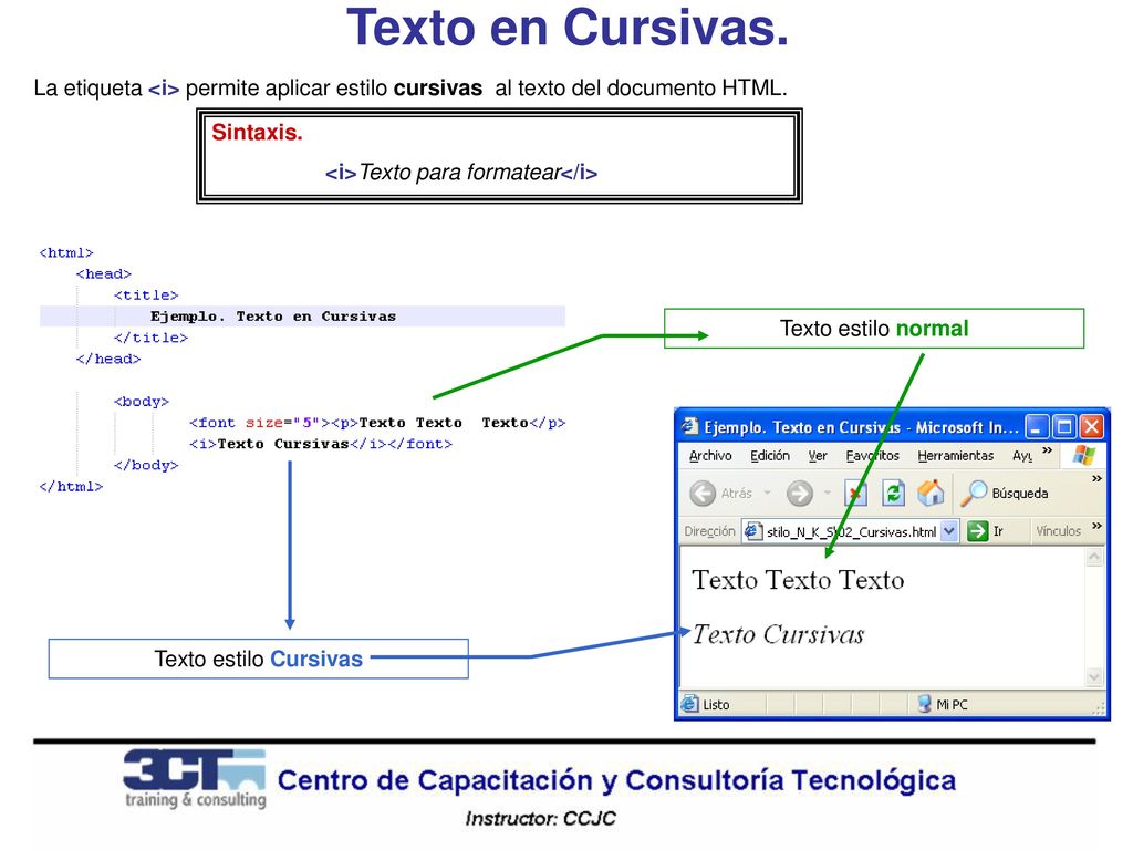 Texto en Cursivas. La etiqueta <i> permite aplicar estilo cursivas al texto del documento HTML. Sintaxis.