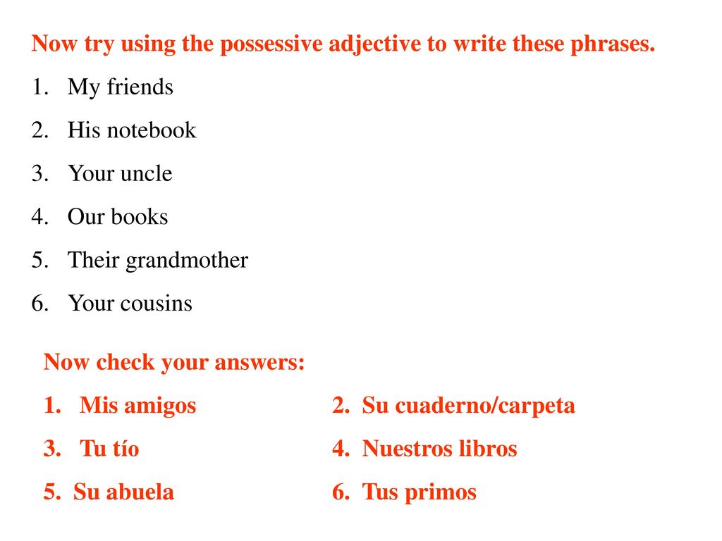 Now try using the possessive adjective to write these phrases.