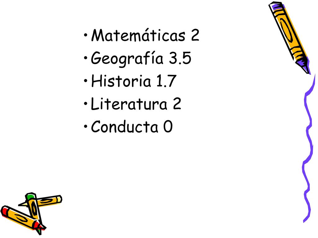 Matemáticas 2 Geografía 3.5 Historia 1.7 Literatura 2 Conducta 0