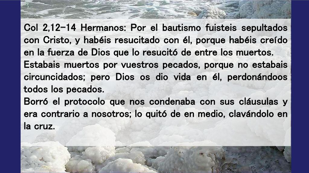 Col 2,12-14 Hermanos: Por el bautismo fuisteis sepultados con Cristo, y habéis resucitado con él, porque habéis creído en la fuerza de Dios que lo resucitó de entre los muertos.
