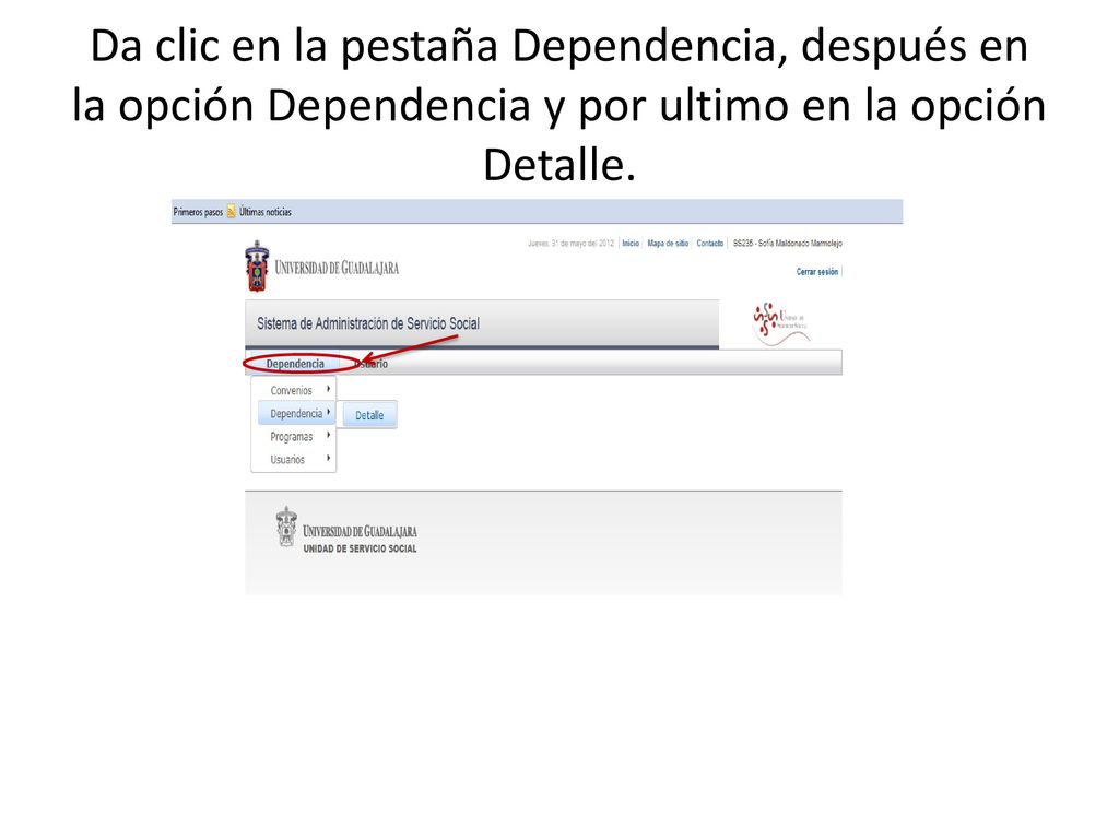 Da clic en la pestaña Dependencia, después en la opción Dependencia y por ultimo en la opción Detalle.