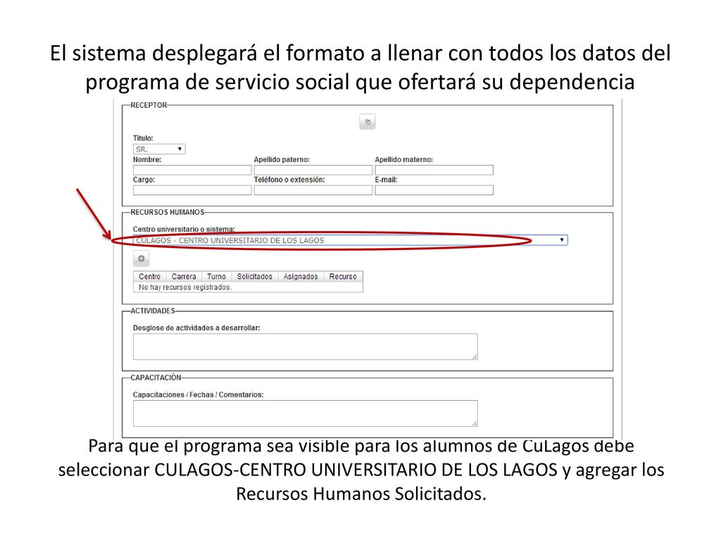 El sistema desplegará el formato a llenar con todos los datos del programa de servicio social que ofertará su dependencia