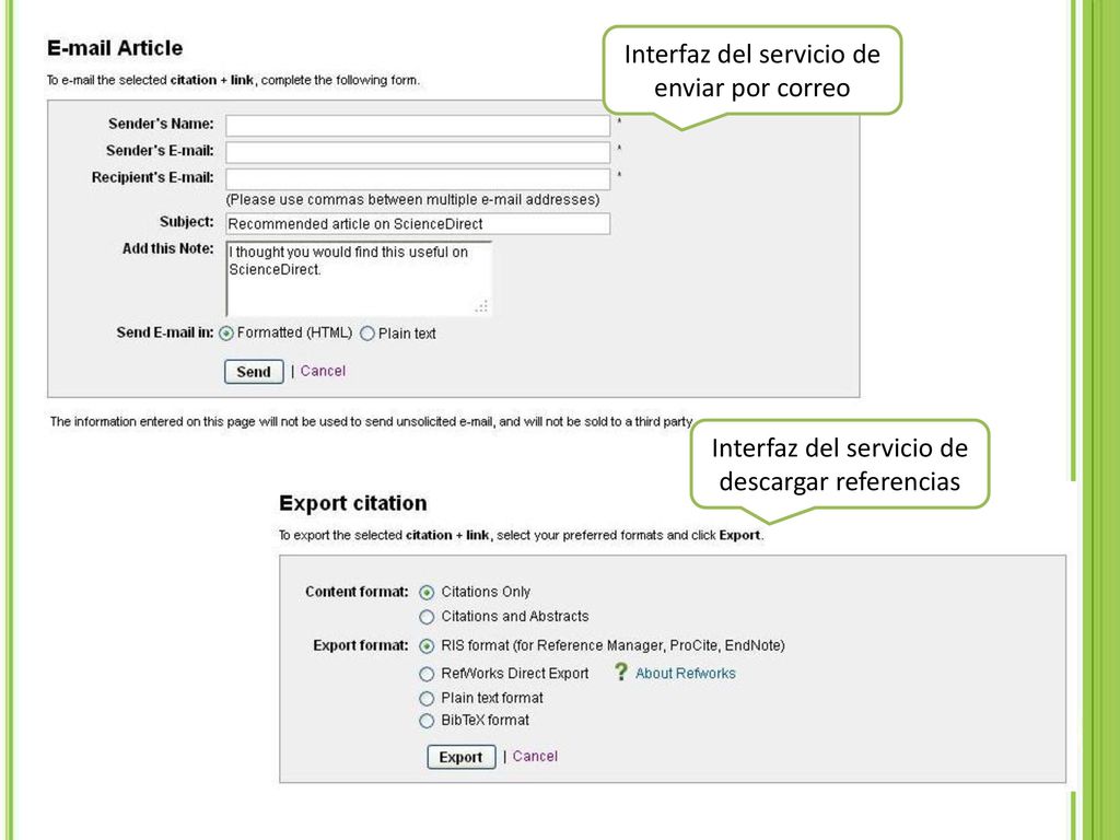 Interfaz del servicio de enviar por correo