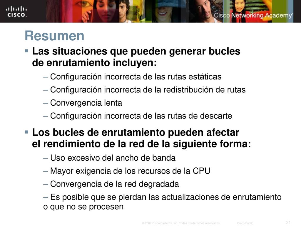 Resumen Las situaciones que pueden generar bucles de enrutamiento incluyen: Configuración incorrecta de las rutas estáticas.