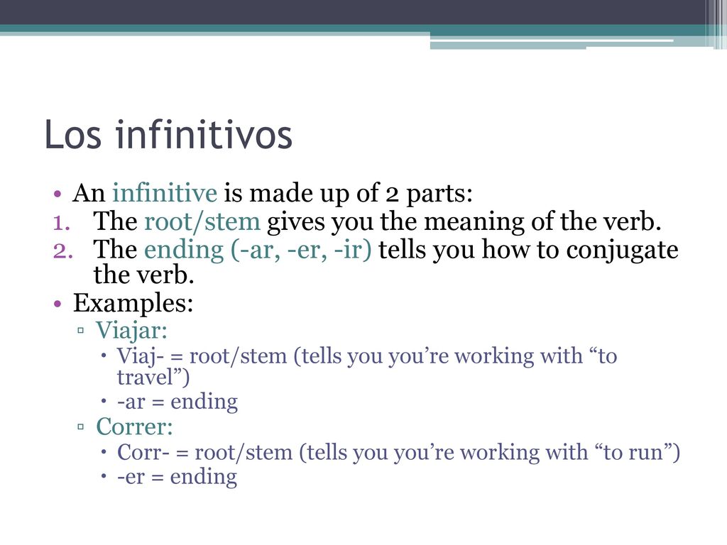 Los infinitivos An infinitive is made up of 2 parts: