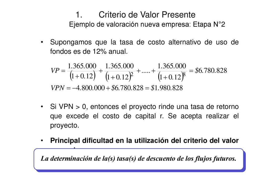 La determinación de la(s) tasa(s) de descuento de los flujos futuros.