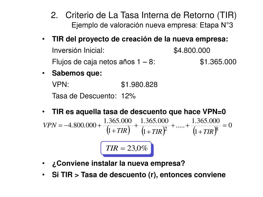 2. Criterio de La Tasa Interna de Retorno (TIR) Ejemplo de valoración nueva empresa: Etapa N°3