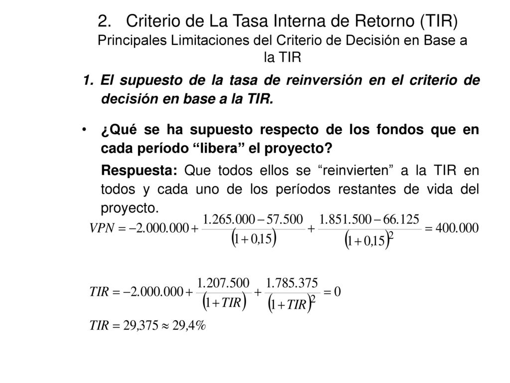 2. Criterio de La Tasa Interna de Retorno (TIR) Principales Limitaciones del Criterio de Decisión en Base a la TIR