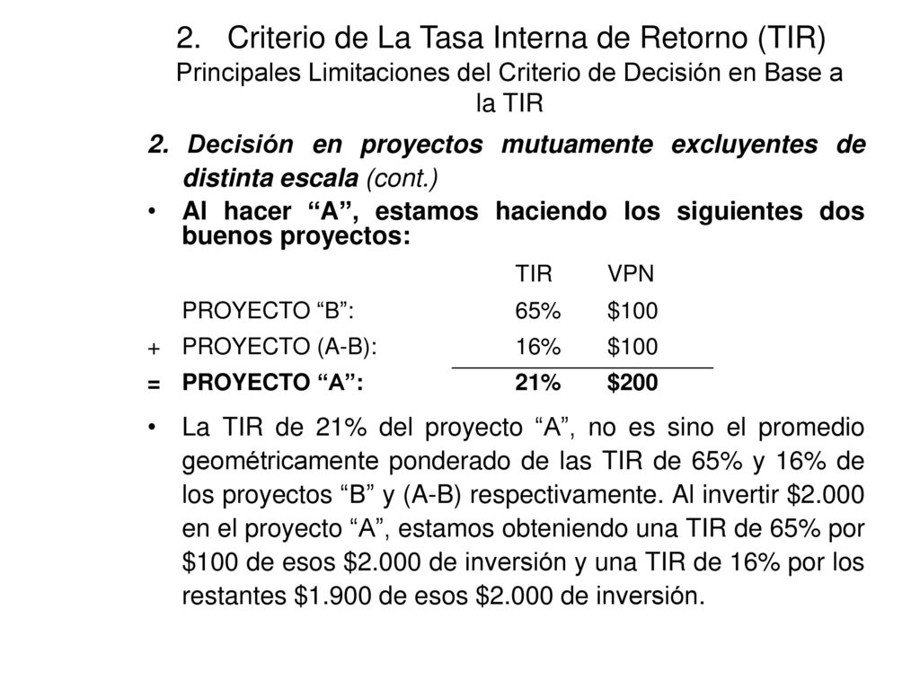 2. Criterio de La Tasa Interna de Retorno (TIR) Principales Limitaciones del Criterio de Decisión en Base a la TIR